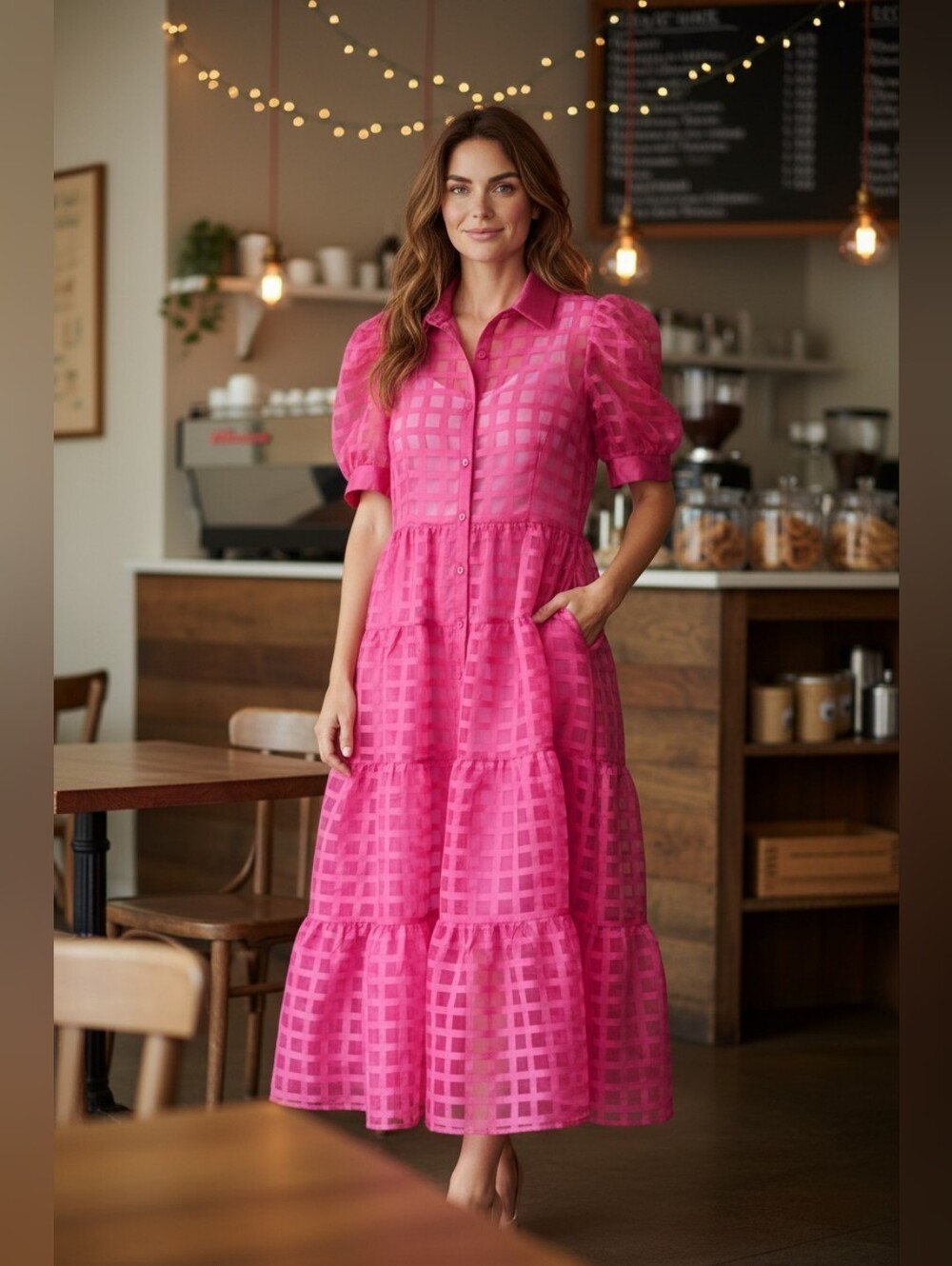 English Factory Hot Pink Grid Tiered Shirt Dress